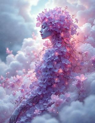 The primary subject of the image is a woman with a flower crown on her head. She is sitting in a cloudy environment, which serves as the setting for the scene. The visual style of the image is digital art, as it is a well-crafted and detailed illustration. The dominant colors in the image are pink and white, creating a soft and dreamy atmosphere.